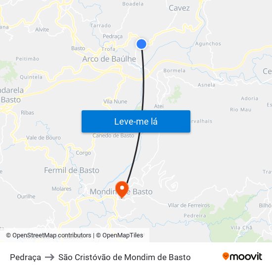 Pedraça to São Cristóvão de Mondim de Basto map