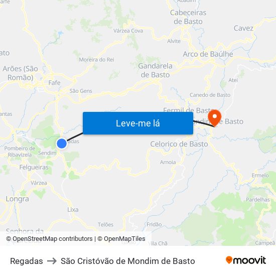 Regadas to São Cristóvão de Mondim de Basto map