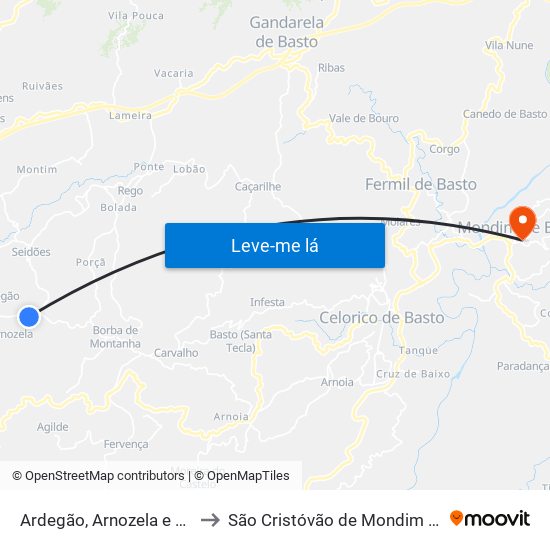 Ardegão, Arnozela e Seidões to São Cristóvão de Mondim de Basto map