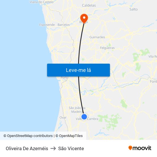 Oliveira De Azeméis to São Vicente map