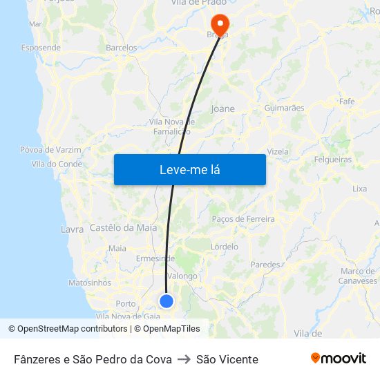 Fânzeres e São Pedro da Cova to São Vicente map