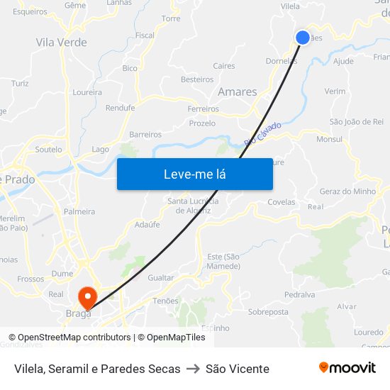 Vilela, Seramil e Paredes Secas to São Vicente map