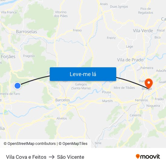 Vila Cova e Feitos to São Vicente map