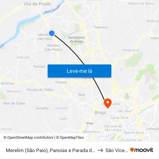 Merelim (São Paio), Panoias e Parada de Tibães to São Vicente map