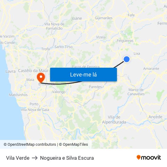 Vila Verde to Nogueira e Silva Escura map