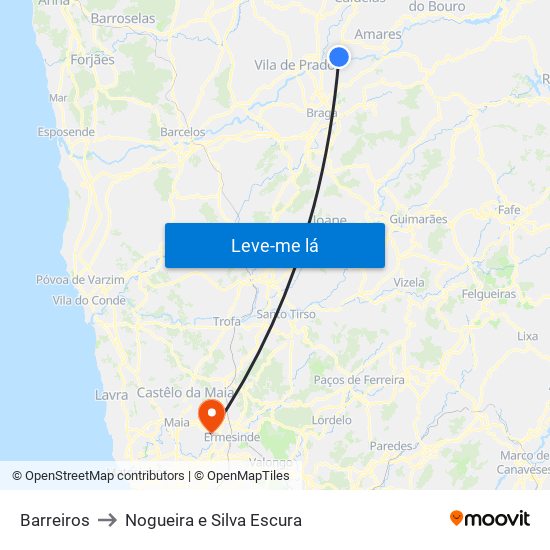 Barreiros to Nogueira e Silva Escura map