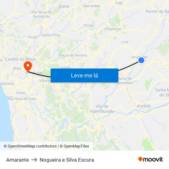 Amarante to Nogueira e Silva Escura map