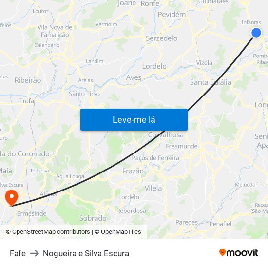 Fafe to Nogueira e Silva Escura map