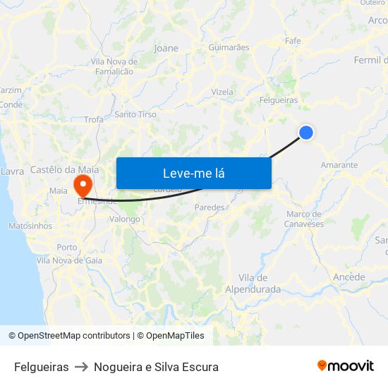 Felgueiras to Nogueira e Silva Escura map