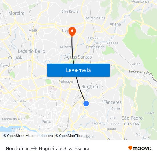 Gondomar to Nogueira e Silva Escura map