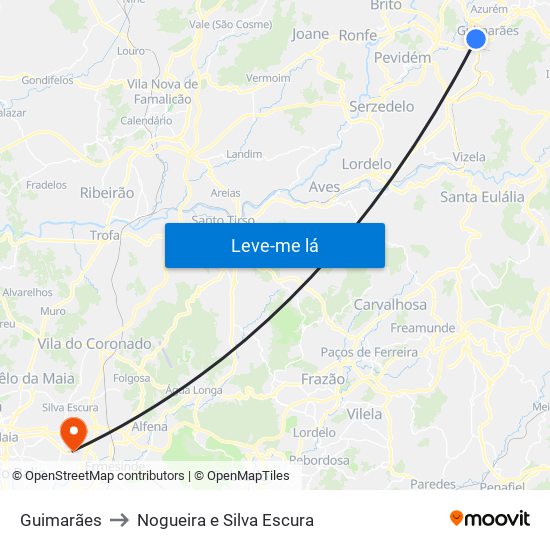 Guimarães to Nogueira e Silva Escura map