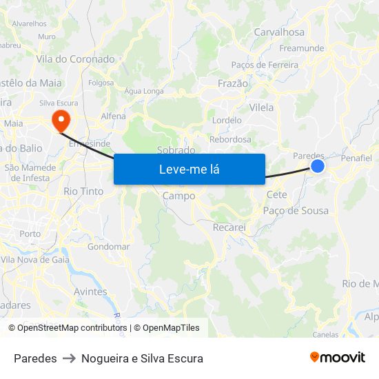 Paredes to Nogueira e Silva Escura map