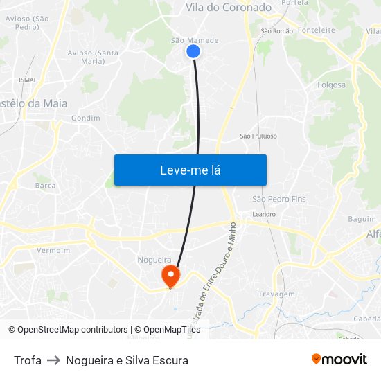 Trofa to Nogueira e Silva Escura map