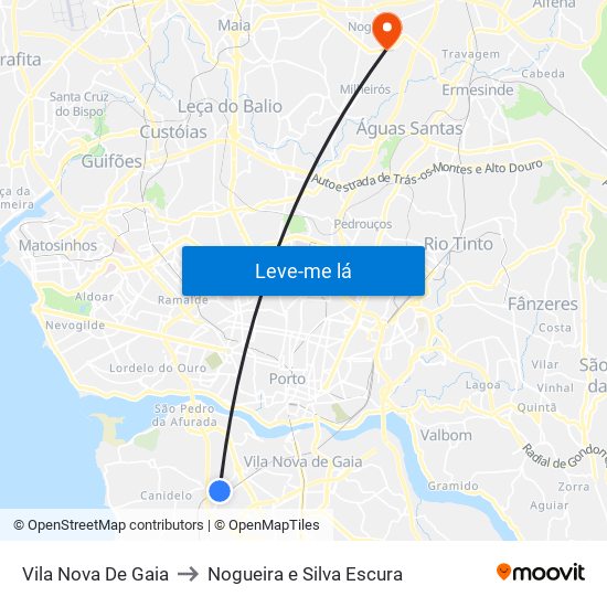 Vila Nova De Gaia to Nogueira e Silva Escura map