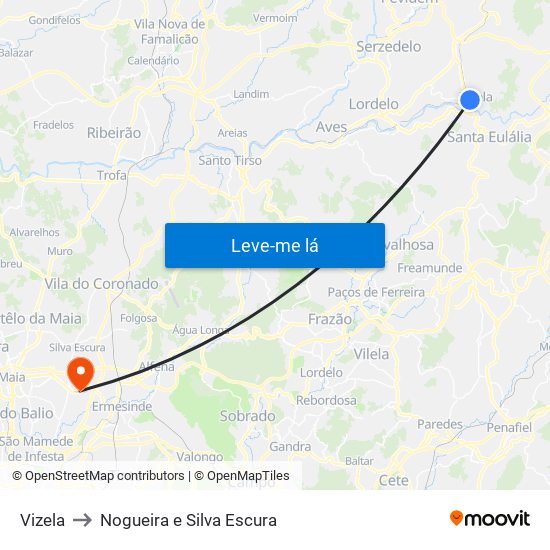 Vizela to Nogueira e Silva Escura map