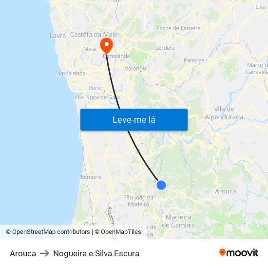 Arouca to Nogueira e Silva Escura map