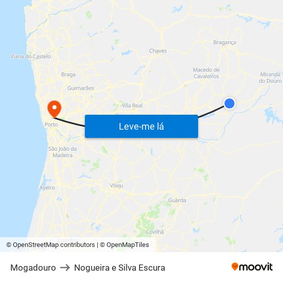 Mogadouro to Nogueira e Silva Escura map