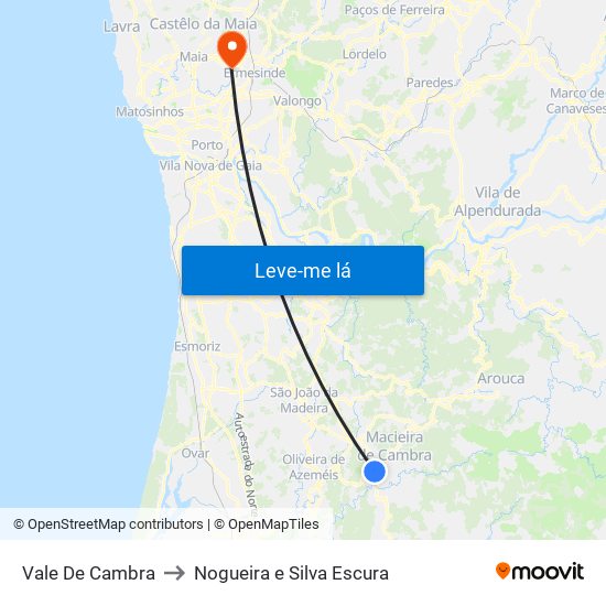Vale De Cambra to Nogueira e Silva Escura map