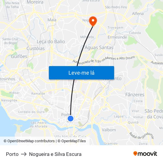 Porto to Nogueira e Silva Escura map