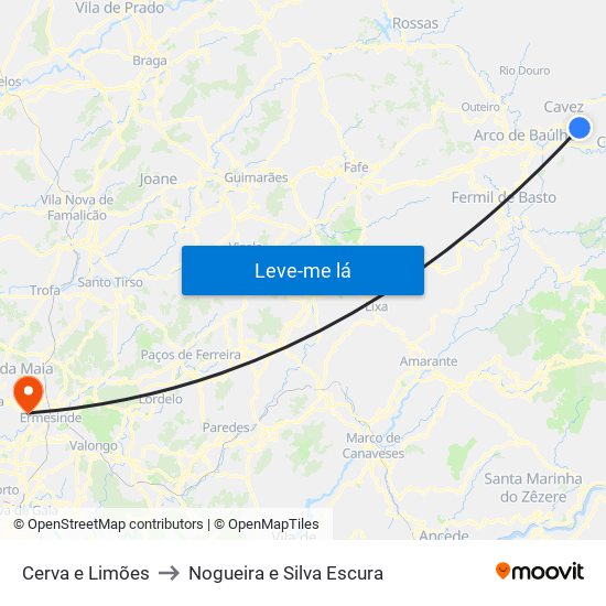 Cerva e Limões to Nogueira e Silva Escura map