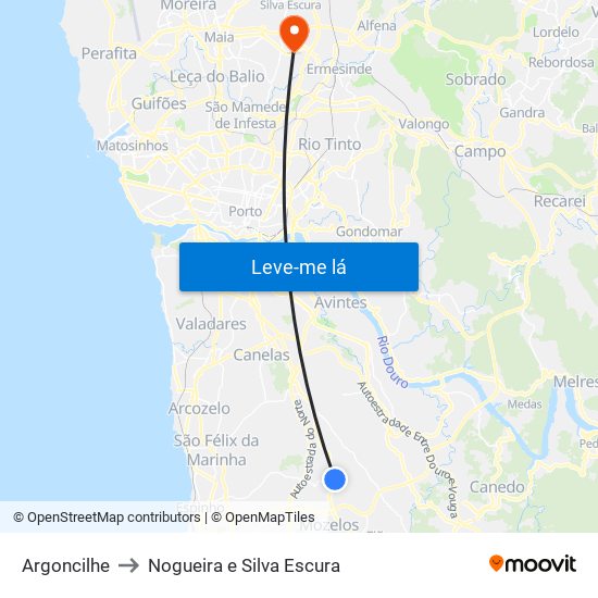 Argoncilhe to Nogueira e Silva Escura map
