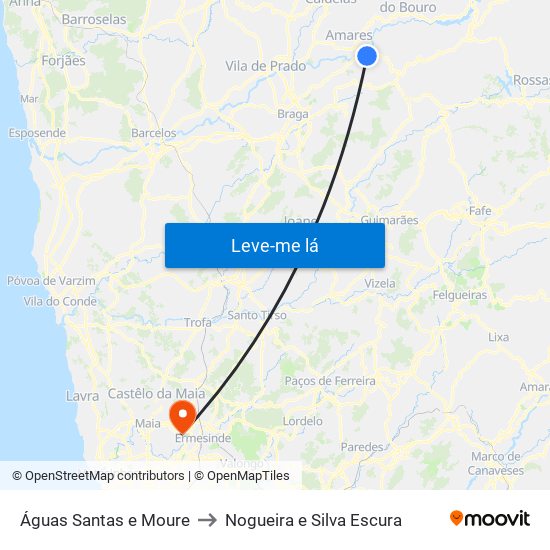 Águas Santas e Moure to Nogueira e Silva Escura map