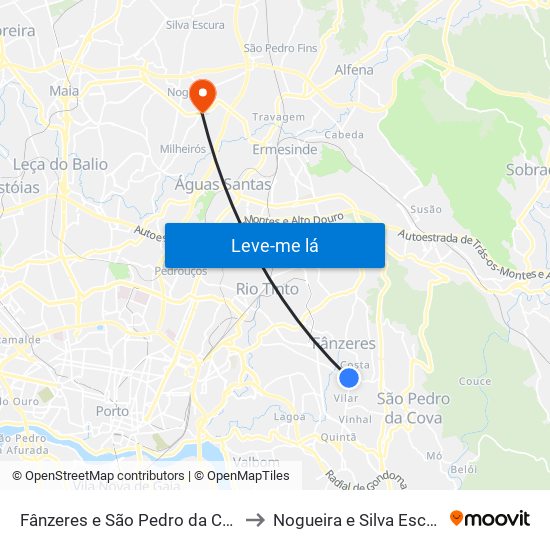 Fânzeres e São Pedro da Cova to Nogueira e Silva Escura map