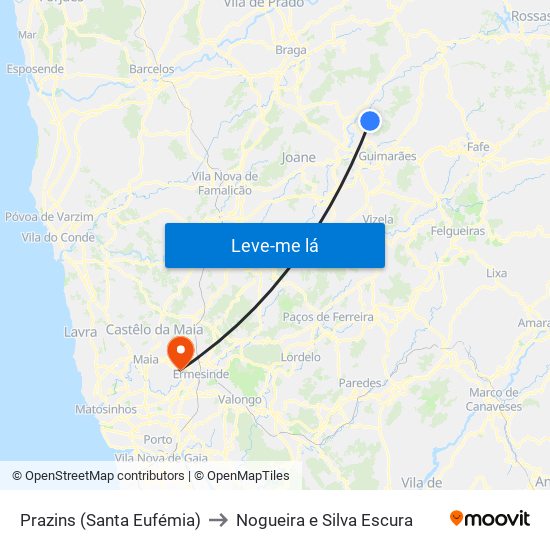 Prazins (Santa Eufémia) to Nogueira e Silva Escura map