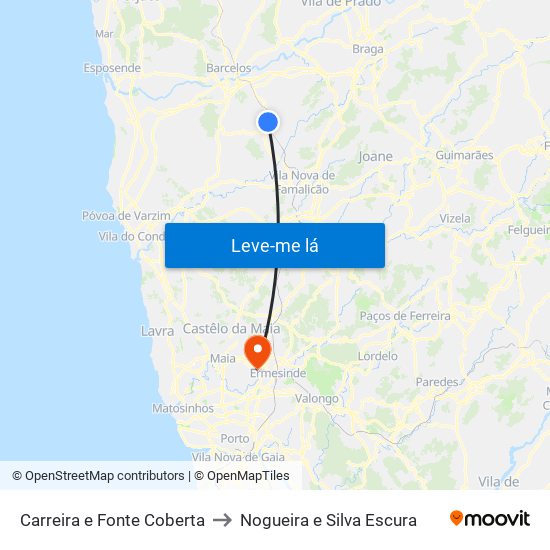 Carreira e Fonte Coberta to Nogueira e Silva Escura map