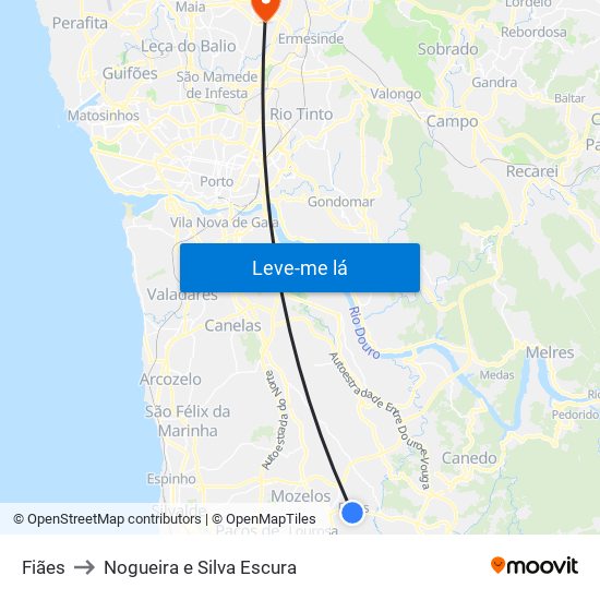 Fiães to Nogueira e Silva Escura map