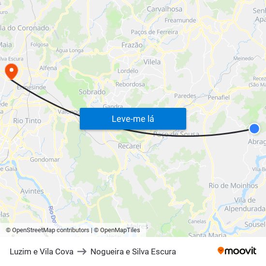Luzim e Vila Cova to Nogueira e Silva Escura map