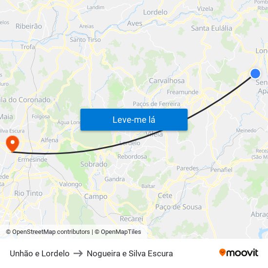 Unhão e Lordelo to Nogueira e Silva Escura map