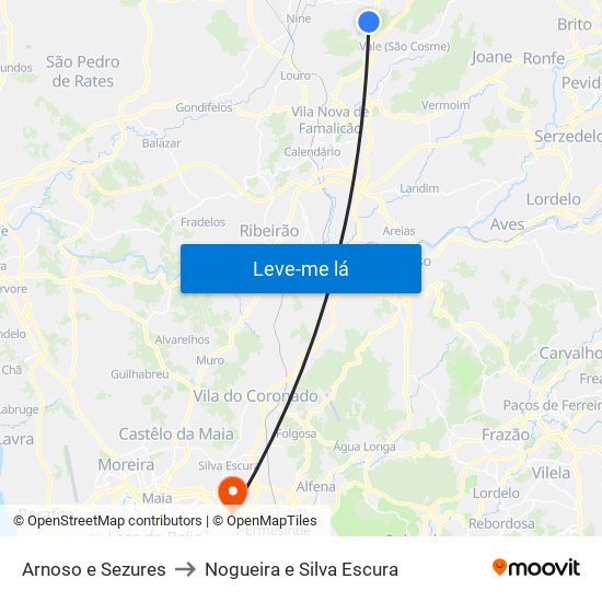 Arnoso e Sezures to Nogueira e Silva Escura map