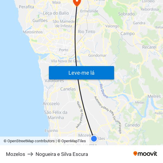 Mozelos to Nogueira e Silva Escura map