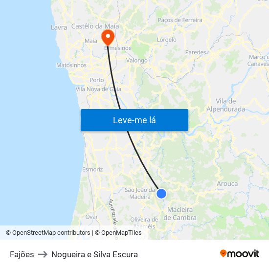 Fajões to Nogueira e Silva Escura map