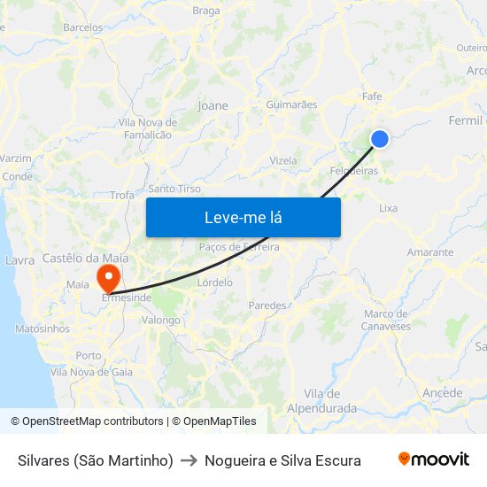 Silvares (São Martinho) to Nogueira e Silva Escura map