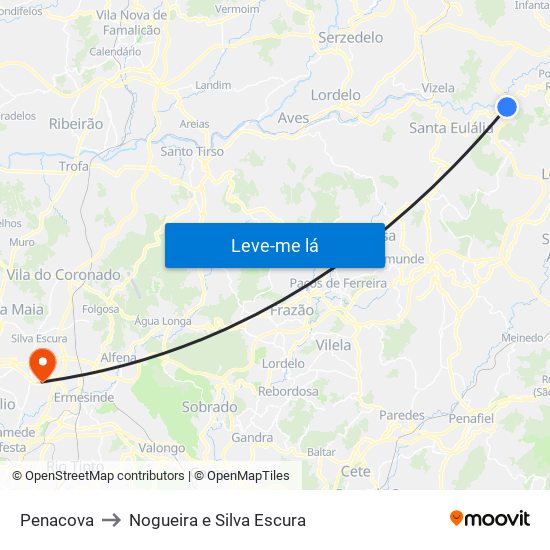 Penacova to Nogueira e Silva Escura map