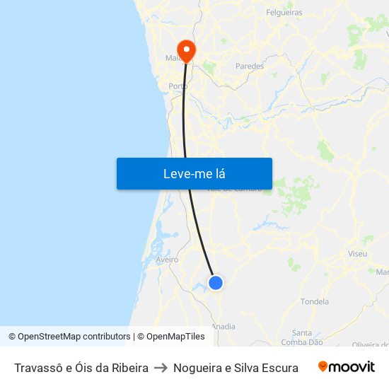 Travassô e Óis da Ribeira to Nogueira e Silva Escura map