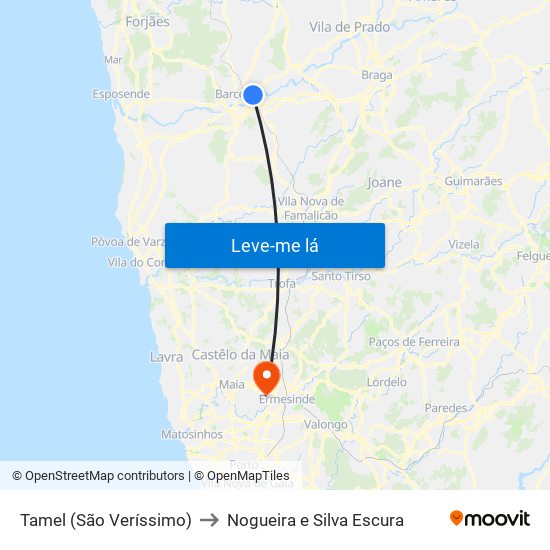 Tamel (São Veríssimo) to Nogueira e Silva Escura map