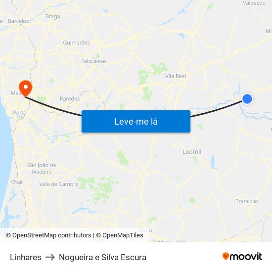 Linhares to Nogueira e Silva Escura map