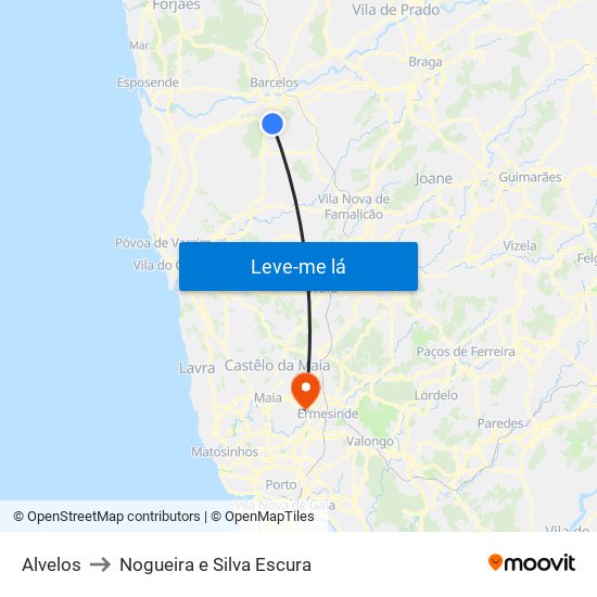 Alvelos to Nogueira e Silva Escura map