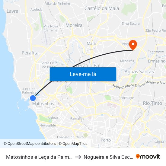 Matosinhos e Leça da Palmeira to Nogueira e Silva Escura map