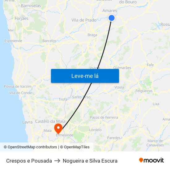 Crespos e Pousada to Nogueira e Silva Escura map