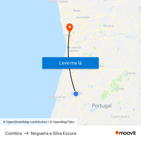 Coimbra to Nogueira e Silva Escura map