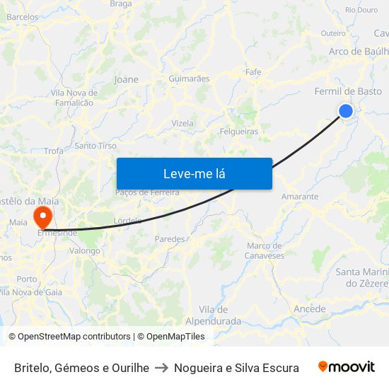 Britelo, Gémeos e Ourilhe to Nogueira e Silva Escura map