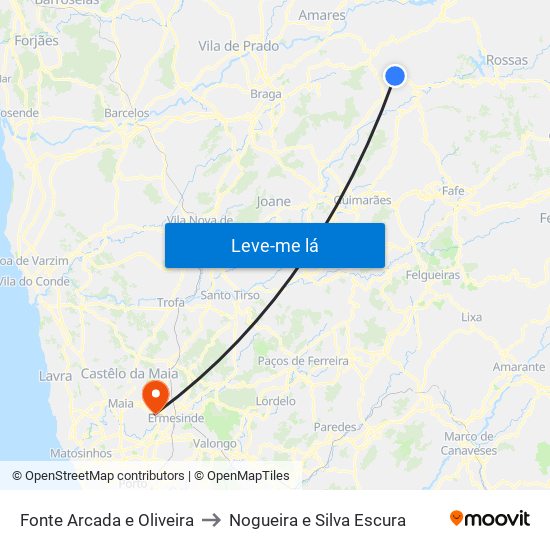 Fonte Arcada e Oliveira to Nogueira e Silva Escura map