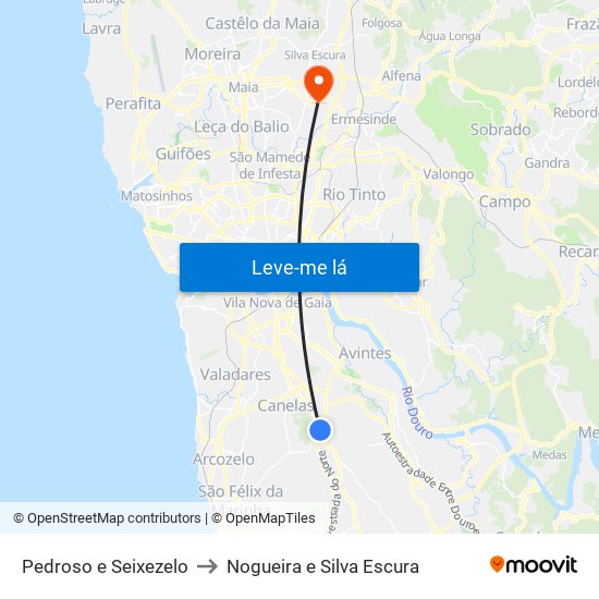 Pedroso e Seixezelo to Nogueira e Silva Escura map