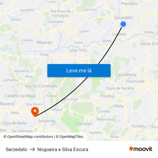 Serzedelo to Nogueira e Silva Escura map