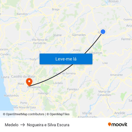 Medelo to Nogueira e Silva Escura map