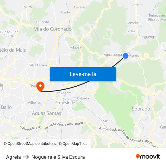 Agrela to Nogueira e Silva Escura map